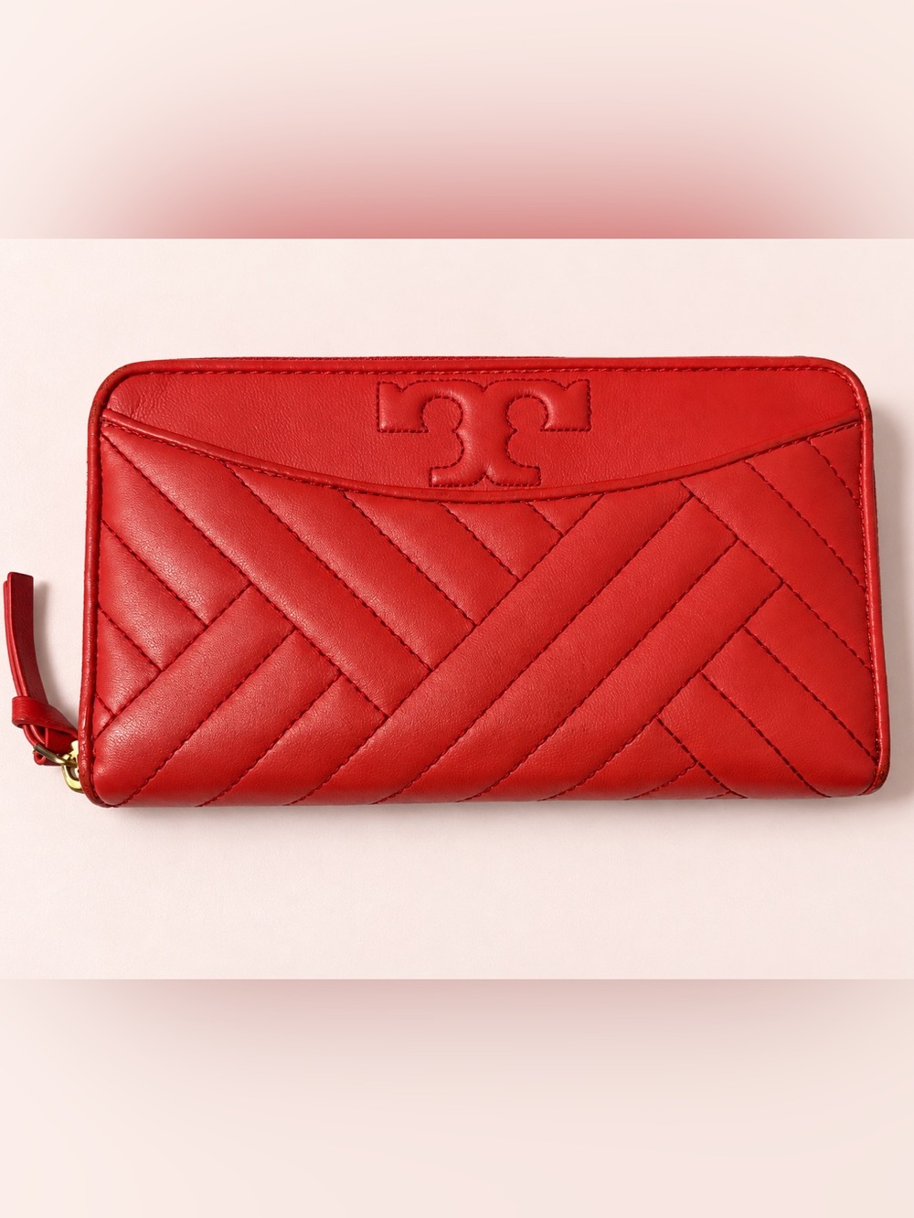 Tory Burch Alexa Poppy Orange Quilted Leather Zip Around Wallet